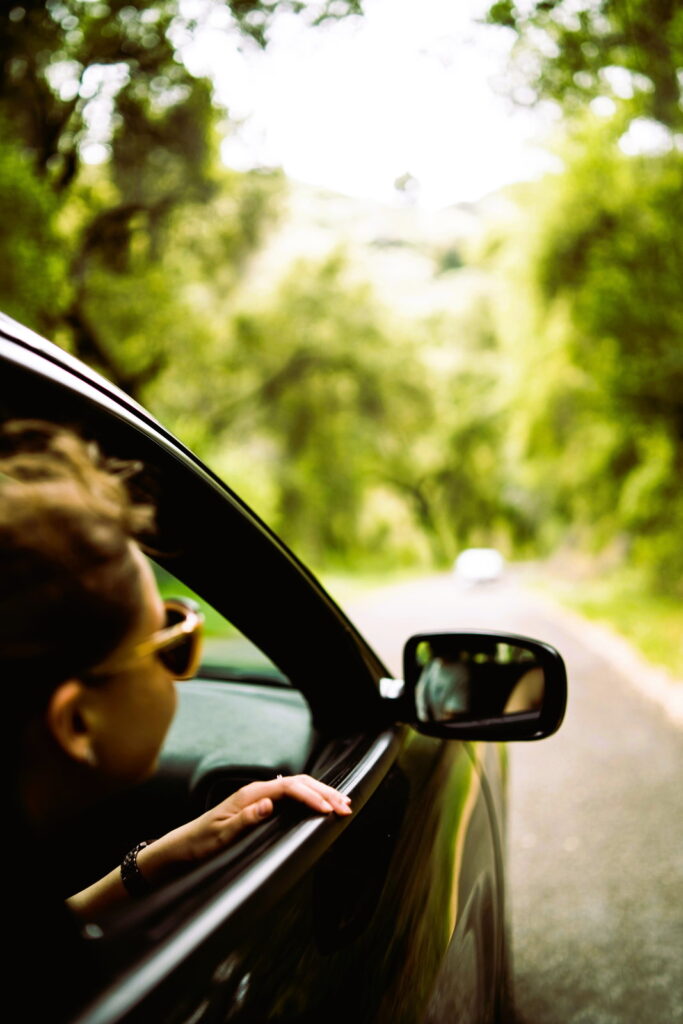 Automobile su una strada con alberi e una persona al finestrino.